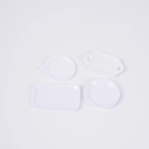 Miniature white 4-piece ceramic kitchen plate set with rectangle and round dollhouse trays
