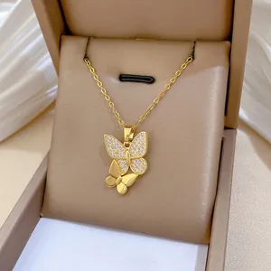 Butterfly Pendant Necklace Gold Plated Stainless Steel Chain Copper Zircon Elegant Clavicle Necklaces For Women