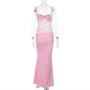 Detail of pink lace patchwork on high waist bodycon strap dress with sheer floral texture
