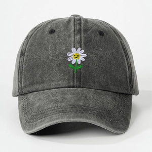 Vintage washed dark grey cotton baseball cap with embroidered smiley face daisy pattern