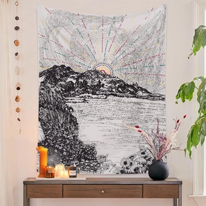 Detail of tapestry with landscape pattern and colorful stitching on a cozy wall decor