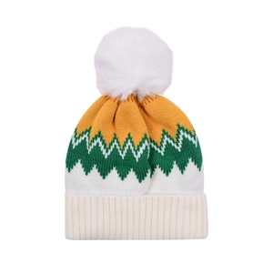 Close-up of tricolor knit beanie with yellow white green patterns and faux fur pom pom