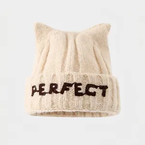 Beige kids knit cat ear hat with PERFECT embroidery and thick thermal wool texture