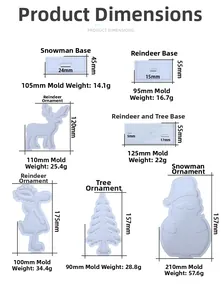 Detailed size chart for Christmas silicone resin molds featuring deer and snowman shapes