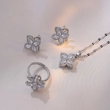 Silver four-leaf flower jewelry set with sparkling zircon necklace earrings and ring
