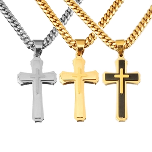 Men's stainless steel Cuban chain necklace set with triple-layered cross pendants
