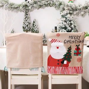 Linen Christmas chair covers featuring Santa Claus print and plush khaki backrest decor