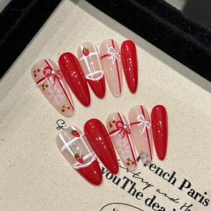 Handmade Strawberry Cherry Red Press On Nails Cute Bow French Plaid Stiletto Fake Nails For Women 10 Pieces Set