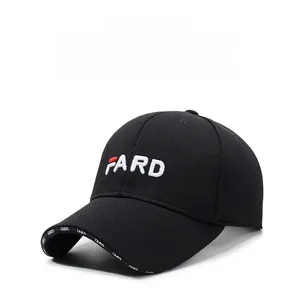Close-up of black baseball cap featuring 3D white and red FARD letter embroidery