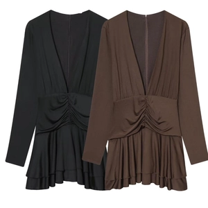 Polyester Deep V Neck Long Sleeve Mini Dress Pleated Ruched Waist Layered Ruffle Hem Elegant Slim Fit For Women