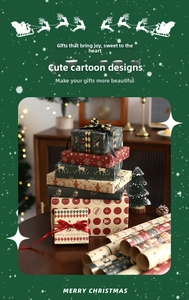 Close-up of vintage kraft Christmas wrapping paper with reindeer and snowflake patterns