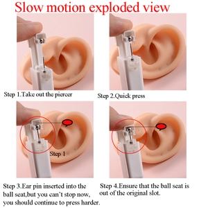 Disposable ear piercing gun with flower stud showing four-step process on silicone ear model
