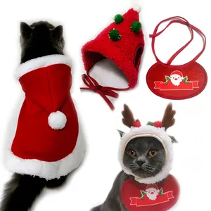 Christmas cat costume set including red cape, Santa bib, and reindeer antlers hat