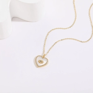 Minimalist 14K gold plated heart necklace with evil eye shell pendant and zircons