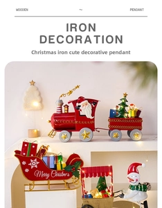 Detail of Christmas iron decor featuring Santa train, sleigh, and snowman figurines