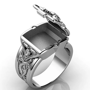 Silver vintage locket ring with secret compartment and cubic zirconia stone