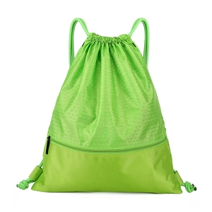 Bright green waterproof nylon drawstring sports backpack with honeycomb texture and layers