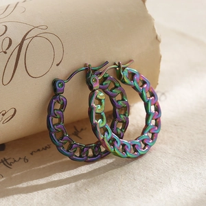 Rainbow stainless steel chain link hoop earrings for women in iridescent finish