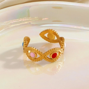 Adjustable stainless steel evil eye ring with multi-color drip oil inlay on ceramic