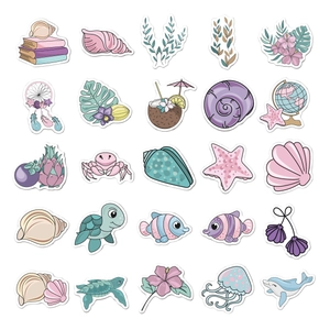 Detail showing various ocean stickers with sea turtles, shells, and jellyfish patterns