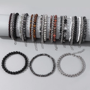 Men's retro bracelet set with natural rose stone beads and titanium steel link chains
