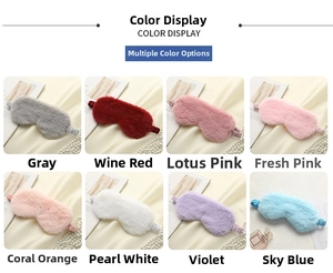 Detail view of plush rabbit fur sleep masks in eight pastel colors with elastic bands