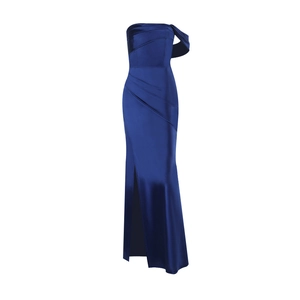 Detailed view of dark blue satin evening dress featuring one-shoulder and high slit design
