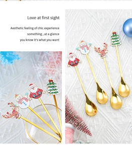 Set of 4 golden Christmas dessert spoons with Santa, Snowman, Reindeer and Tree charms