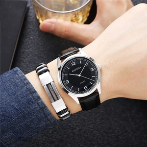 Men's business quartz watch with black dial and leather strap paired with a woven bracelet