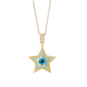 Golden star pendant necklace with blue evil eye enamel and zircon details on white background