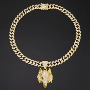 Pendentif tête de loup 3D avec chaîne cubaine en strass dorés pour style hip-hop