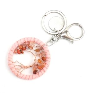 Detail of handmade Tree of Life keychain featuring pink wire and reddish-brown crystals