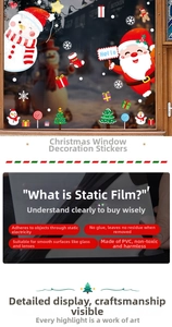 Detail of Christmas window stickers showing PVC electrostatic film with snowman patterns