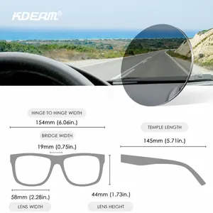 Classic polarized driving sunglasses with detailed dimension chart and lens test view