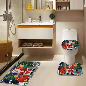 Three-piece bathroom mat set featuring Santa Claus and Christmas trees on navy base