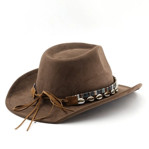 Detail of brown suede cowboy hat with shell beads and ethnic woven band decoration