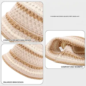 Knitted bucket hat with contrast stripes and wide brim for winter warmth