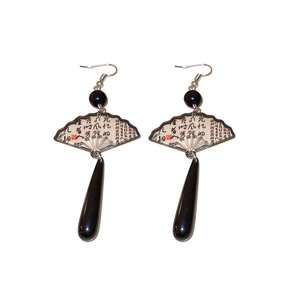 New Chinese ink folding fan earrings with black teardrop pendants and silver hooks