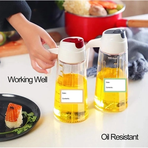 500ml glass oil dispenser set with date labels and measurement scales for kitchen use