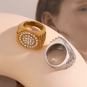 Men's 18K gold plated stainless steel watch band style ring with sparkling crystal stones