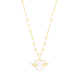Detail of gold heart wing necklace featuring white zircon pavé and large center stone
