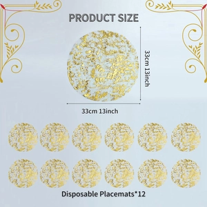 Infographic showing 13-inch round gold foil placemats in a set of 12 for dining decor