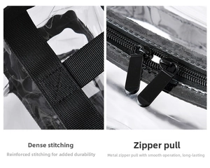 Detail of reinforced stitching and smooth metal zippers on the clear PVC beach bag