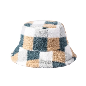 Winter checkered plush bucket hat with soft teddy fleece in beige and grey grid pattern