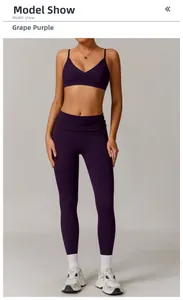 Grape purple two-piece yoga set with deep V-neck sports bra and high-waisted leggings