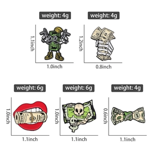 Detail showing various sizes and weights for themed alloy metal pins and badges