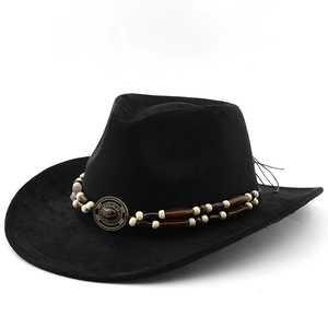 Classic black felt cowboy hat with vintage turquoise beadwork on a white background