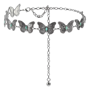 Silver butterfly chain belt with turquoise inlays for dresses and stylish women's outfits