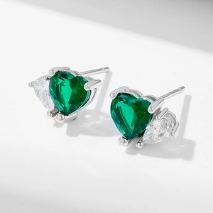 Elegant sterling silver stud earrings featuring heart-shaped emerald and white zircon