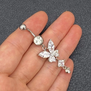 Silver stainless steel belly ring with butterfly zircon pendant and dangling stones